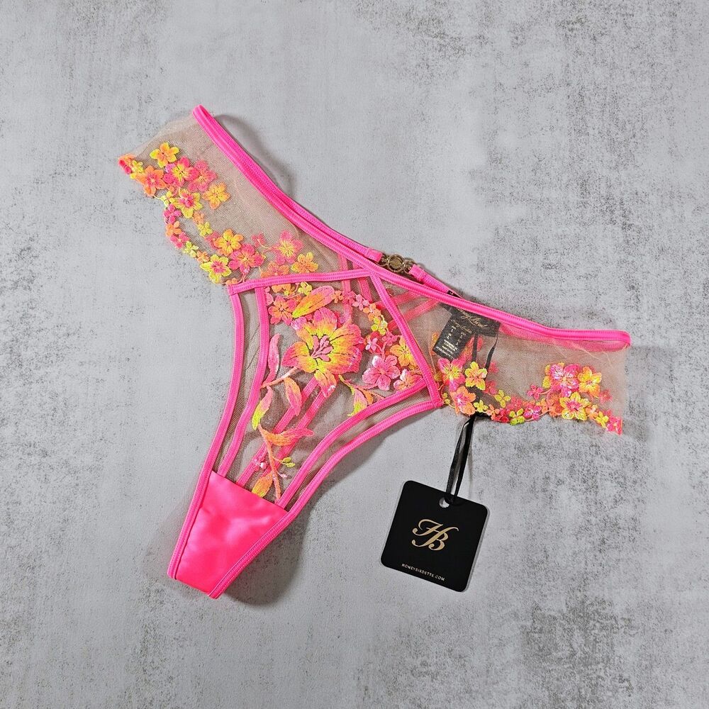 Honey Birdette Summer Neon Pink Floral Embroidered Thong Panty Size L